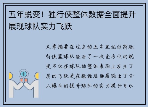 五年蜕变！独行侠整体数据全面提升展现球队实力飞跃